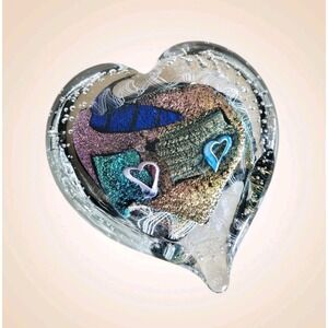 Randy Strong Paperweight Dichroic Metal Flake  Puff Heart Art Glass 3.25"